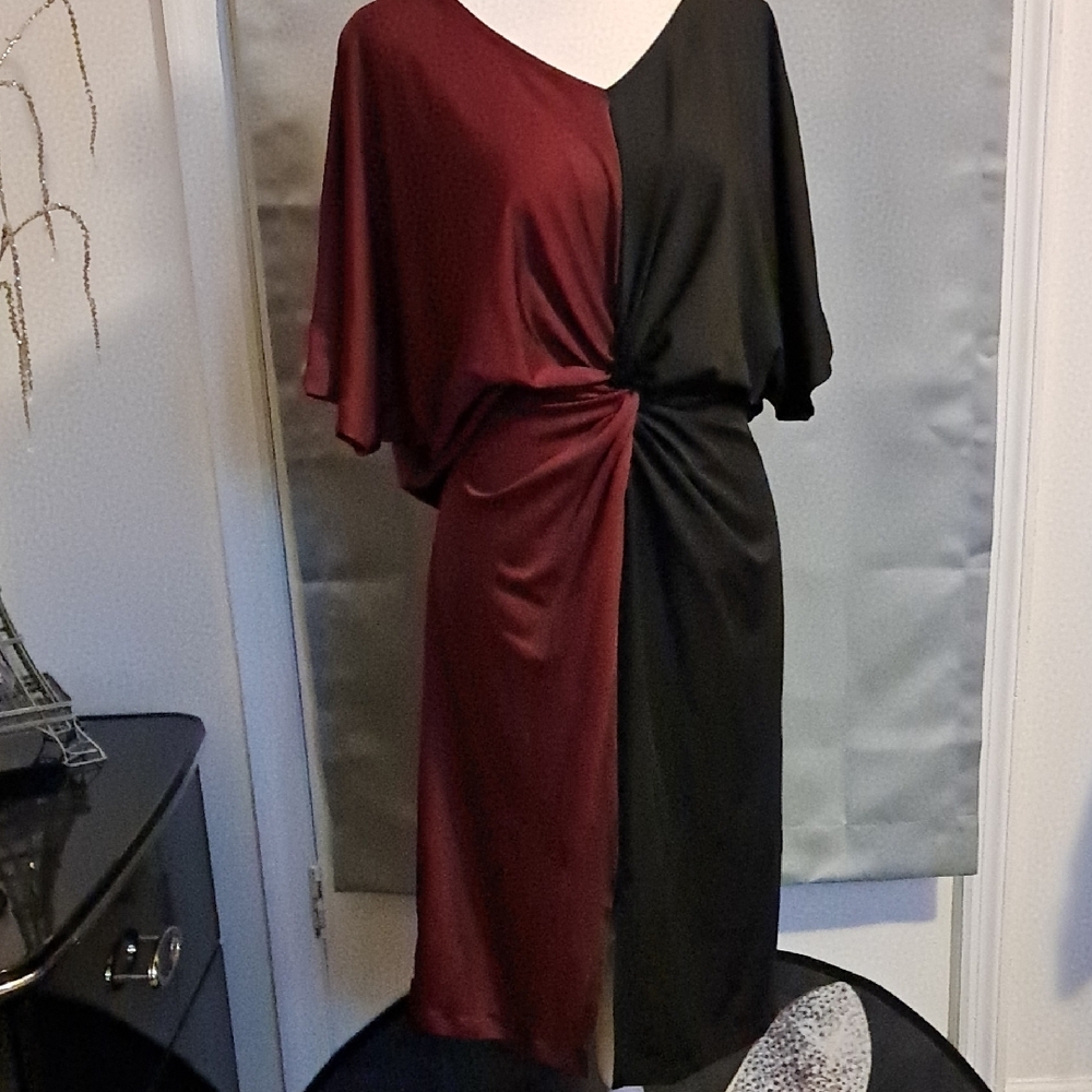 SHEIN Red and Black Asymmetrical Sheath Dress V-Neck Dolman Sleeves
